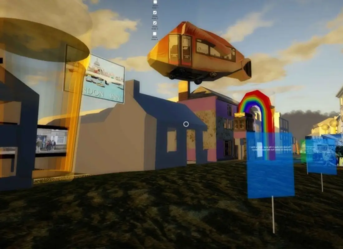 A CGI 3D sureal image of a flying bus shaped like a gold fish over a townscape