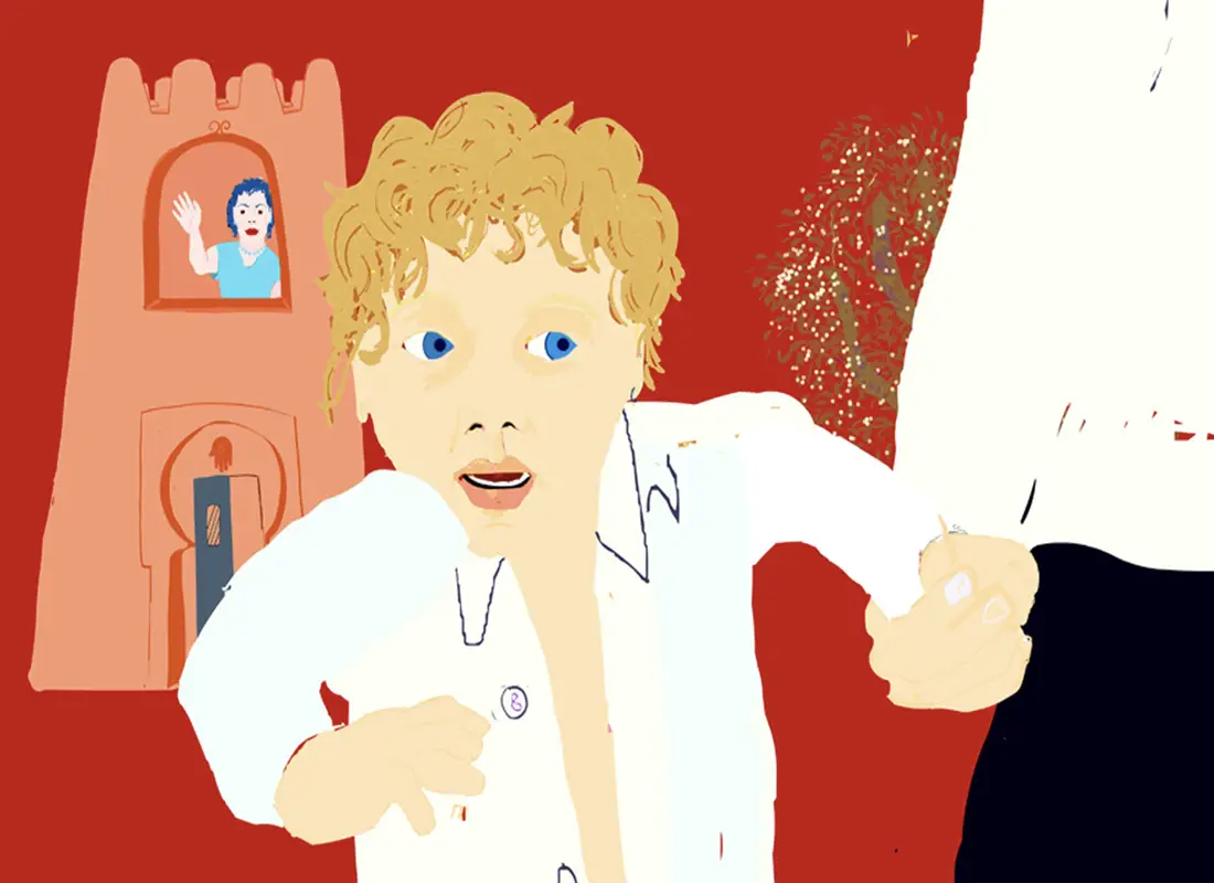 Still from animation of young boy holding hand of his father with his mother in the background waving from a tower